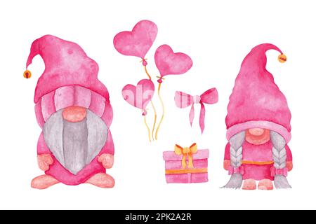 Watercolor valentine's day gnomes collection, hand drawn watercolor vector illustration for greeting card or invitation design Stock Vector