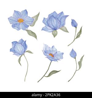 Floral blue isolated leaf and flower, hand drawn watercolor vector illustration for greeting card or invitation design Stock Vector