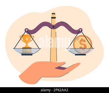 Hand holding balance scales with money and win golden cup Stock Vector
