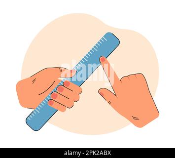 Human hands holding ruler, measuring length Stock Vector