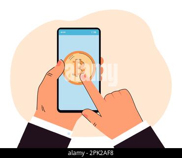Finger of businessman touching bitcoin on mobile phone screen Stock Vector