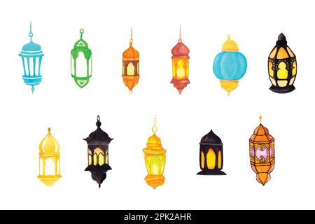 Some of the lanterns are hand drawn, hand drawn watercolor vector illustration for greeting card or invitation design Stock Vector
