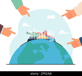 Fingers pointing at pile of garbage on planet Stock Vector
