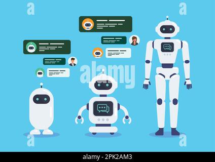 Android Robots Artificial intelligence chat bot. Cyborg Technology and Futuristic Intelligence Machine. Graphic design in flat style Stock Vector