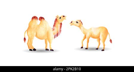 Set of camel watercolor characters, hand drawn watercolor vector illustration for greeting card or invitation design Stock Vector