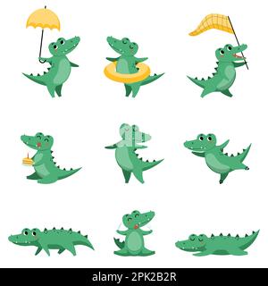 Cute crocodile in different poses cartoon illustration set Stock Vector