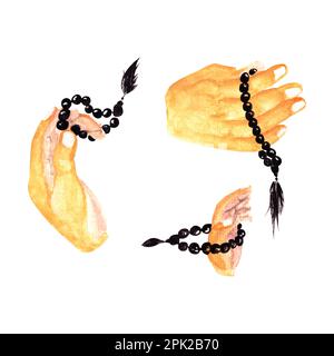 Hand holding tasbih with watercolor, hand drawn watercolor vector illustration for greeting card or invitation design Stock Vector