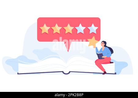 Tiny woman sitting on book and holding rating star Stock Vector