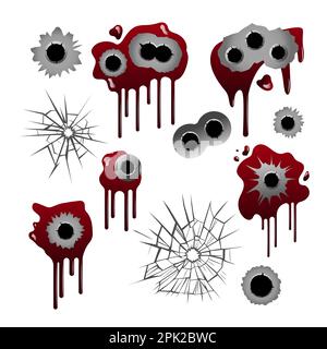 Bullet holes on white background cartoon illustration set Stock Vector