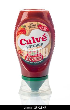 Turin, Italy - March 29, 2023: Italian spicy ketchup plastic bottle of Calvè brand isolated on white, Calve is brand of the Unilever group Stock Photo