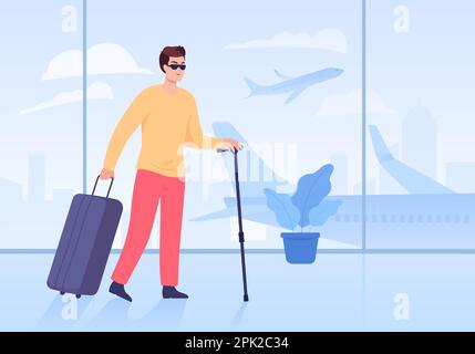 Blind cartoon man with walking stick and luggage in airport Stock Vector
