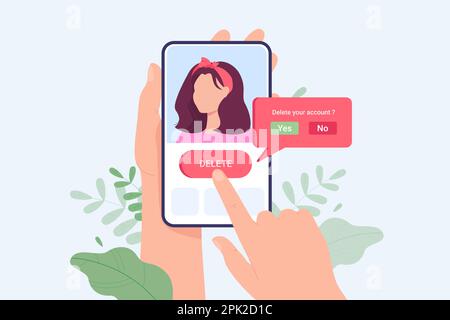 Hands holding phone and deleting account from social network Stock Vector