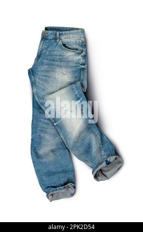 Blue jeans isolated on white background. Top view. With clipping path. Stock Photo