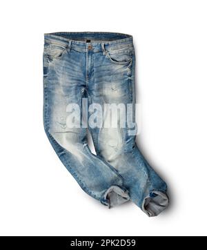 Blue jeans isolated on white background. Top view. With clipping path. Stock Photo