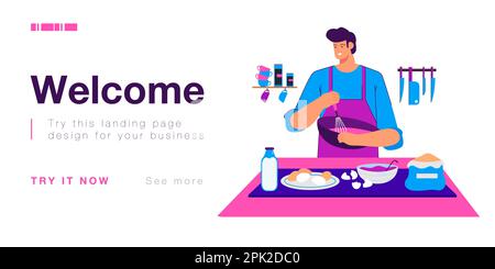 Male chef mixing flour and eggs for dough with whisk in hands Stock Vector