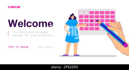 Tiny woman marking her period in calendar using pencil Stock Vector