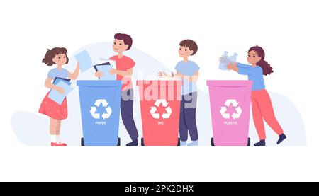 Sorting Garbage Child Children sorting garbage flat vector illustration. Kids throwing trash ...