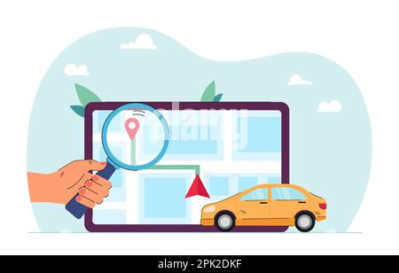 Man looking through loupe at car route on mobile map app Stock Vector