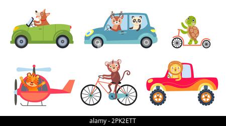 Comic animals in different vehicles vector illustrations set Stock Vector