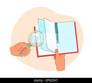 Hands holding magnifying glass and open paper book Stock Vector