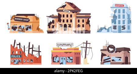 Destroyed city buildings cartoon illustration set Stock Vector