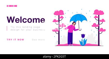 Woman looking at flower under rain Stock Vector