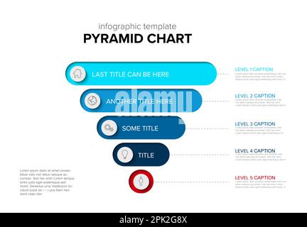 Vector Infographic stipe layers template with five levels - color reverse pyramid funnel template on light background with icons in circles and descri Stock Vector