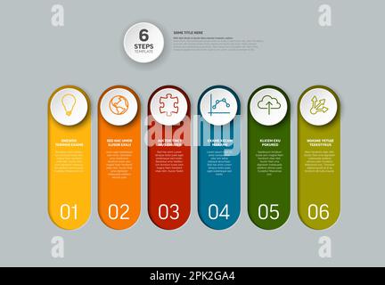 Vvector progress steps template with descriptions and icons in circles - color version with text in vertical ovals and icons in white circles. Multipu Stock Vector