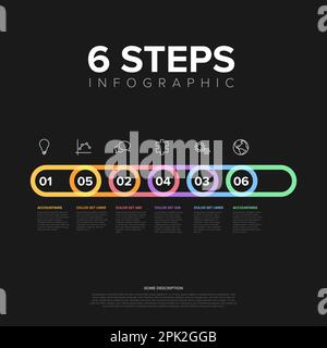 Six vector rounded horizontal progress steps template with numbers, icons and descriptions. Simple minimalistic progress procedure schema template wit Stock Vector