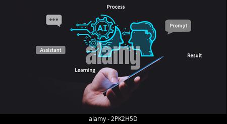Businessman using chatbot on smartphone with Artificial Intelligence Stock Photo