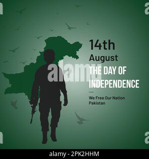 Happy Independence Day of Pakistan with a bold color scheme that represents the national colors of Pakistan, an illustration of the Pakistani army. Stock Vector