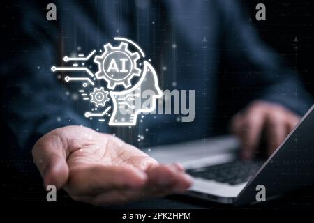 Businessman using chatbot on smartphone with Artificial Intelligence Stock Photo