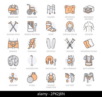 Orthopedic, trauma rehabilitation line icons. Crutches, mattress, pillow, cervical collar, walkers and other medical rehab goods. Health care thin Stock Vector