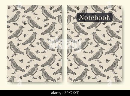 Engraving birds sketch pastel colored template for notebook. Black starlings on beige background. Stock Vector