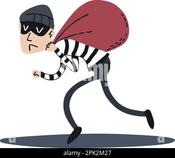 Cartoon thief running with a bag of money. Vector illustration. Sketch Stock Vector