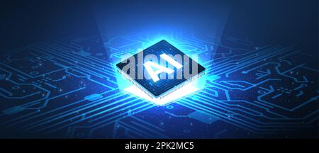 AI technology. Chip with AI latters and circuit board. Artificial intelligence Stock Vector