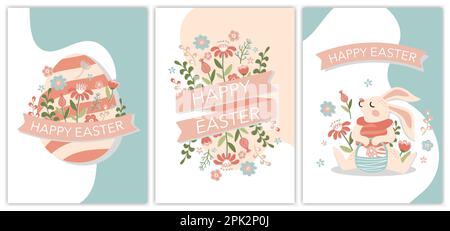 a set of tender Easter cards for the day of Easter flowers and a rabbit Stock Vector