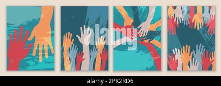 Creative poster design with raised hands of volunteers. Recruitment volunteer.Non profit.Volunteerism.NGO Aid. Call for volunteers template.Background Stock Vector