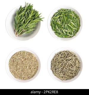 Fresh and dried rosemary in white bowls. Green twigs and needles of Salvia rosmarinus and dried chopped branches and the leaves. Stock Photo
