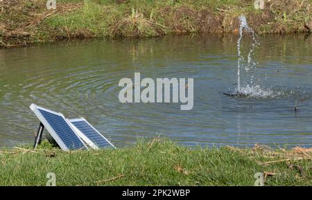 A solar powered water fountain. The solar panels are positioned on the side of the lake. Stock Photo