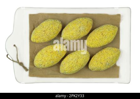 Preparation of homemade meat cutlets. Ready for cooking. Frozen cutlets. Top view. Stock Photo