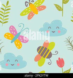 Colorful seamless pattern with funny bees, butterflies and clouds. Background with cute childrens drawings. Stock Vector