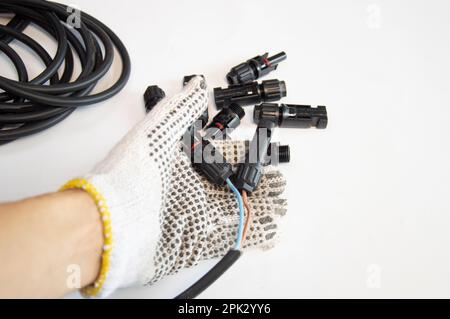 Cable connector MC4 type used for solar panel. Stock Photo