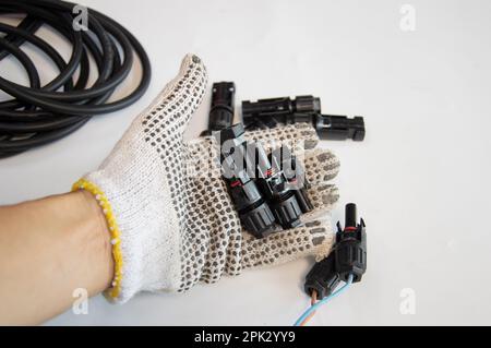 Cable connector MC4 type used for solar panel. Stock Photo