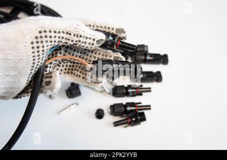 Cable connector MC4 type used for solar panel. Stock Photo
