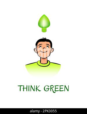 Think Green, smiling young man and a leaf bulb Stock Vector