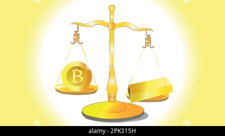 The scales weigh gold bullion and bitcoin. Which is now more lucrative in the world of economics. bitcoin vs gold Stock Vector