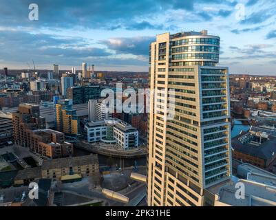 Leeds, UK, Bridgewater Place and Leeds City Centre aerial view from near the train station. Yorkshire Northern England United Kingdom. Stock Photo