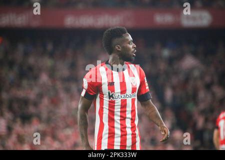 Bilbao, Spain. 04th Apr, 2023. Athletic Club's player, Williams (9) during the second leg of the SM El Rey Cup semifinals between Athletic Club and CA Osasuna, on April 04, 2023, at the San Mames Stadium, Bilbao, Spain. (Photo by Alberto Brevers/Pacific Press/Sipa USA) Credit: Sipa USA/Alamy Live News Stock Photo