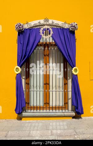 Window decorated for the Easter celebrations, Famous pedestrian street Macedonia Alcala, Oaxaca historical center, Oaxaca de Juarez, Mexico Stock Photo